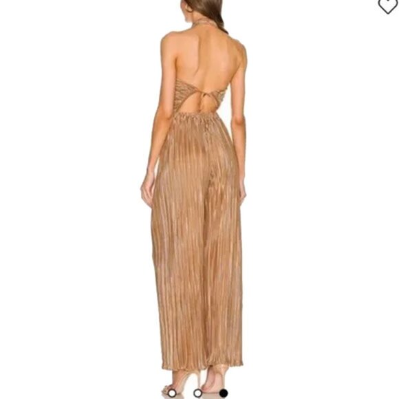 NWT LPA Baina Jumpsuit S Gold Brown Pleated Wide Leg - Picture 2 of 14
